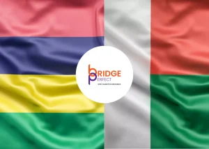 Affichage des drapeaux mauricien et malgache symbolisant le choix d'une destination offshore francophone.